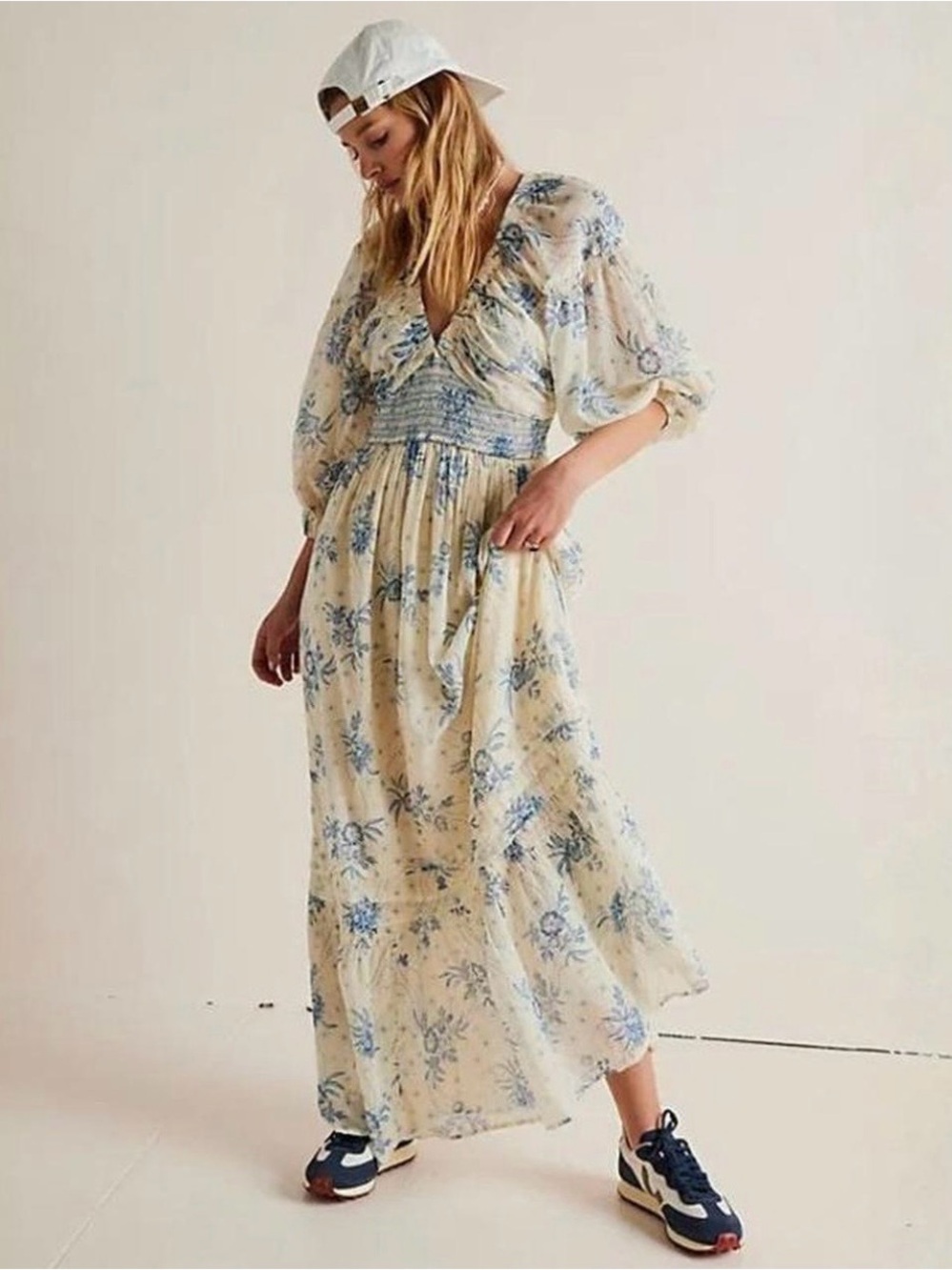 Free people Women's cream and Blue Floral V-Neck Maxi Dress
